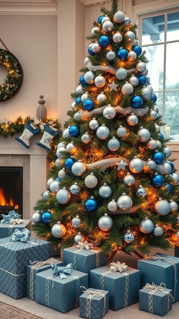A Christmas tree decorated with blue and silver ornaments in a cozy living room.